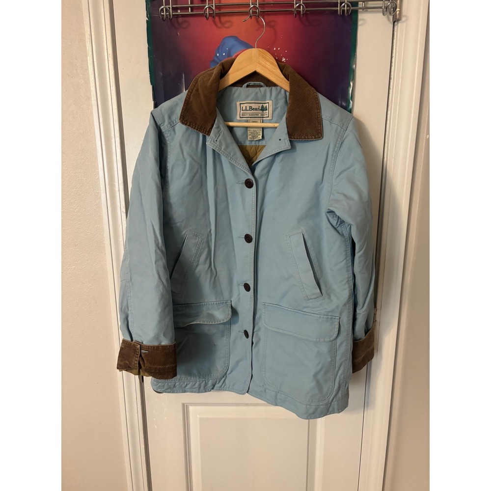 LL Bean Women Blue Cotton Canvas Field Coat Corduroy Trim Quilted Lining S vtg - Picture 3 of 10